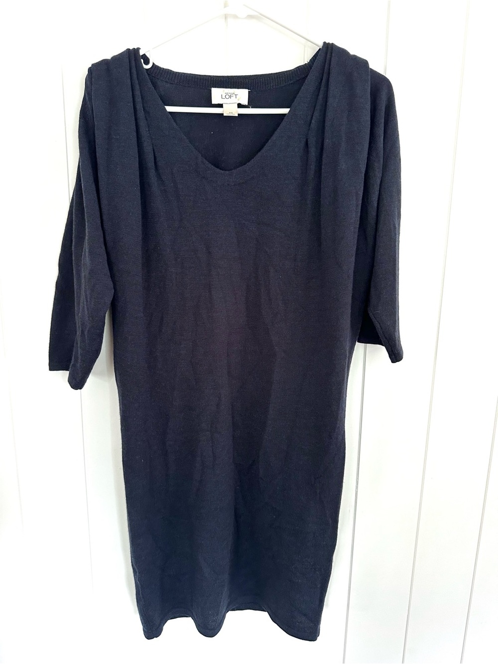 LOFT Black Knit V-Neck Sweater Dress with 1/2 Sleeves and Pleated Shoulders
